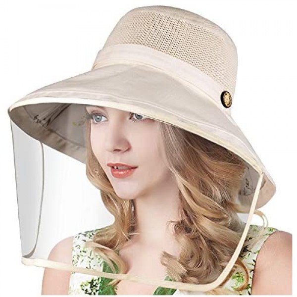 WAYCOM Removable Protective Straw Hat Womens Beach Sun Straw Hat Wide Brim UPF50 Travel Foldable Summer Hat