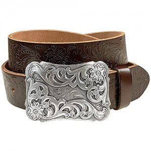 Western Fashion Style Floral Engraved Buckle Full Grain Genuine Leather Belt 1-1/2" (38mm) Wide - Assembled in the U.S