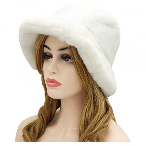 Wheebo Winter Bucket Hat for Women Girls Lady Warm Fluffy Faux Fur Fisherman Cap