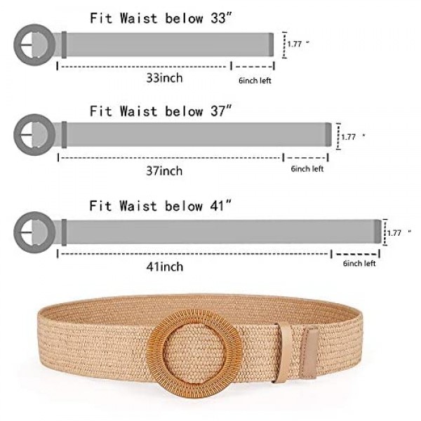 Women Belts For Dresses Elastic Straw Rattan Waist Band With Wood Buckle