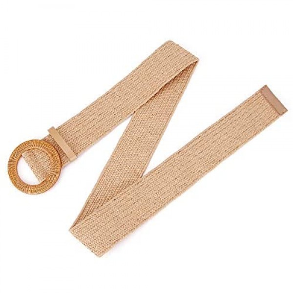 Women Belts For Dresses Elastic Straw Rattan Waist Band With Wood Buckle