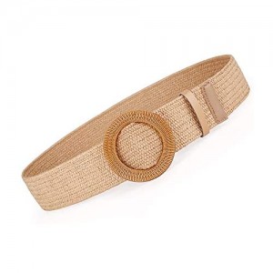 Women Belts For Dresses  Elastic Straw Rattan Waist Band With Wood Buckle
