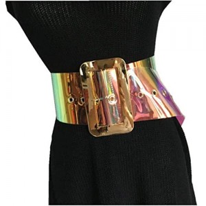 Women Fashion iridescent Clear Wide Belt Transparent PVC Metal chunk Buckle holograhic Waist Belt Waistband Cinch Dress Belt 3.5inch wide