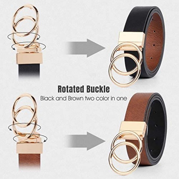 Women Leather Belt Reversible Belt Leather Waist Belt for Jeans Dress with Gold Double O Ring Rotate Buckle by JASGOOD