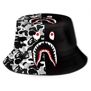 Women Men Sun Beach Hats Bape Shark Unisex Print Double-Side-Wear Reversible Bucket Hat