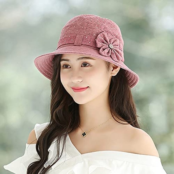 Womens Packable Bucket Hat for Travel Ladies Beach Sun Hat for Women with Flower Cotton Lightweight hat