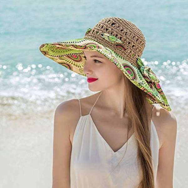 AJIUHE Womens Straw Wide Brim Hat Bohemian Big Bowknot Large Foldable Roll Up Sun Beach Floppy Hats for Women Summer Packable