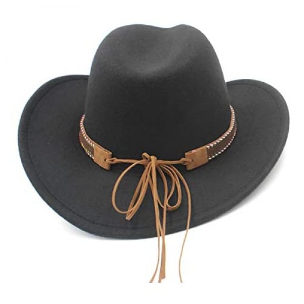 ASO-SLING Unisex Wool Western Cowboy Hat for Gentleman Lady Winter Autumn Jazz Cowgirl Hat Sombrero Caps with Ethnic Belt