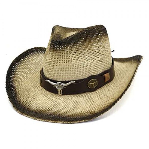 CapsA Caps Men Women Woven Straw Cowboy Hat Cut-Outs Shapeable Retro Western Cowboy Riding Hat Leather Belt Cute Cowgirl Hat