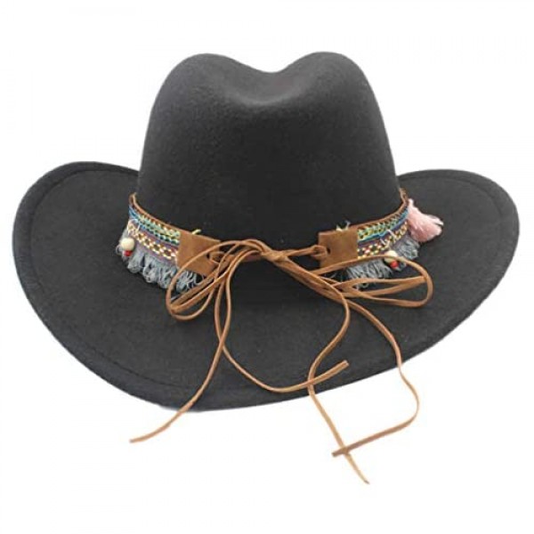 Elee Women Men Wool Blend Western Cowboy Hat Cowgirl Caps Bohemia Tassel Ribbon