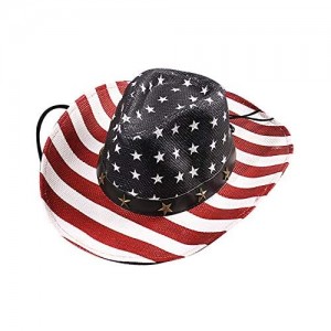 Flag Pattern Straw Cowboy Hat Vintage American Straw Hat for Women Men Red-White