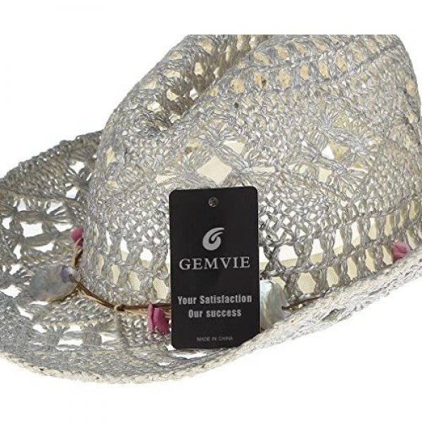GEMVIE Women Hollow Out Western Style Straw Cowboy Cowgirl Hat Fedora Cap Silver