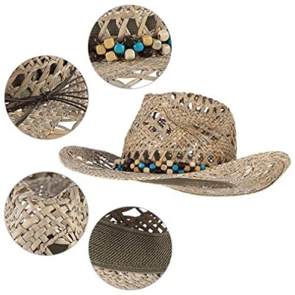 Jelord Summer Cowboy Cowgirl Straw Hats Unisex Sun Protection Western Cowboy Sun Hat Beach Fedora Straw Sun Hat