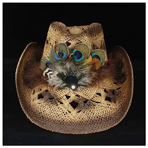 Summer Women Hollow Western Cowboy Hat Lady Beach Sombrero Hombre Straw Panama Cowgirl Jazz Sun Cap with Feather YWHY