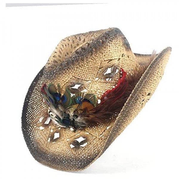 Summer Women Hollow Western Cowboy Hat Lady Beach Sombrero Hombre Straw Panama Cowgirl Jazz Sun Cap with Feather YWHY