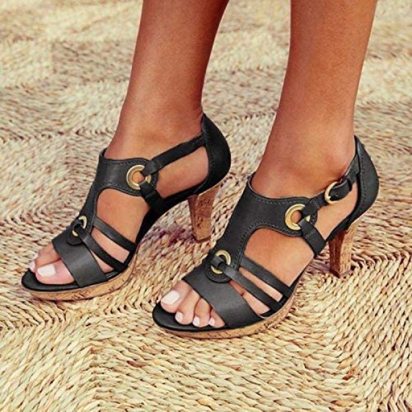 Whankun Women's Low Heel Pump Sandals Buckle Strap Elegant Gladiator Sandals Open Toe Chunky Dress Heel Sandals