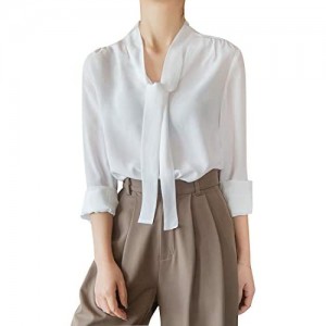 100% Silk Blouse for Women Long Sleeve Tie Neck Bow Blouse Tops