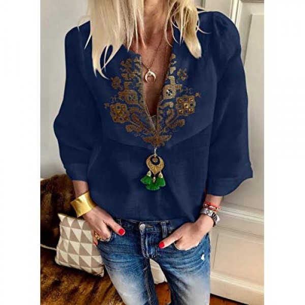Aleumdr Womens Casual Boho Embroidered V Neck 3/4 Sleeves Shirts Loose Blouse Tops S-XXL