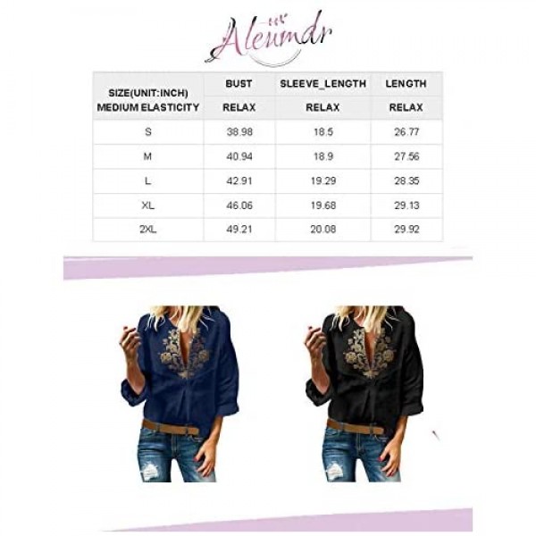 Aleumdr Womens Casual Boho Embroidered V Neck 3/4 Sleeves Shirts Loose Blouse Tops S-XXL