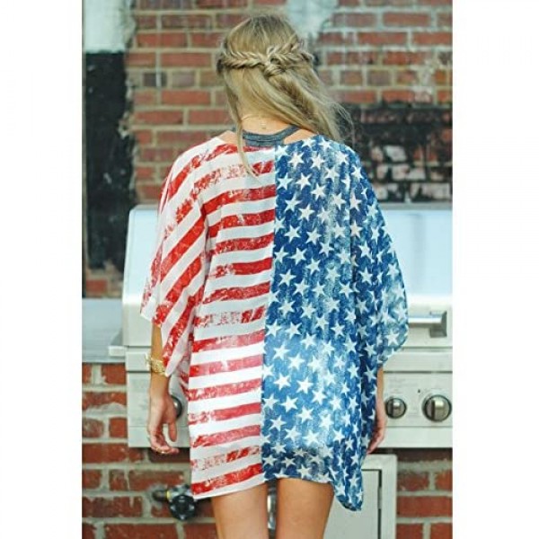 Askwind 4th of July Women's American Flag Print Kimono Cover Up Tops Shirt