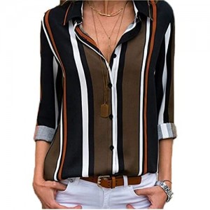 Astylish Women V Neck Striped Roll up Sleeve Button Down Blouses Top