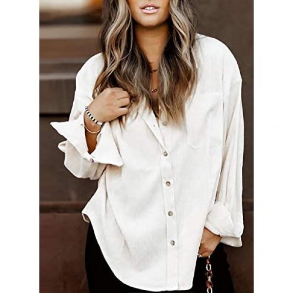 Astylish Womens Corduroy Shirts Casual Long Sleeve Button Down Blouses Tops