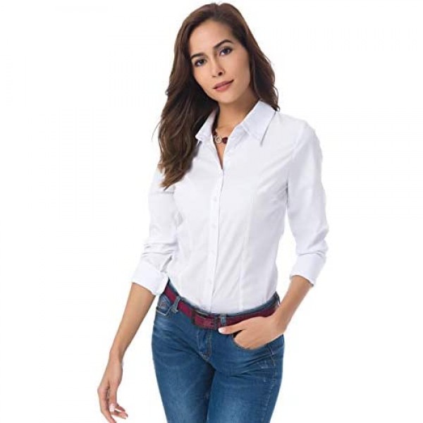 Atnlewhi Womens Long Sleeve Button Down Shirts Simple Pullover Stretch Formal Casual Dress Shirt