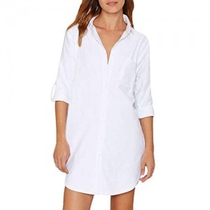 Auxo Women Long Sleeve V Neck Pocket Shirt Dress Tunic Top Casual Solid Charade Blouse
