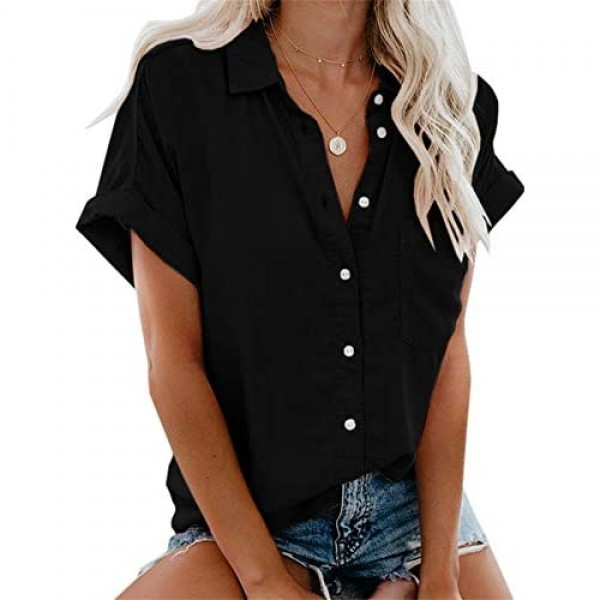 Beautife Womens Short Sleeve Shirts V Neck Collared Button Down Shirt Tops with Pockets
