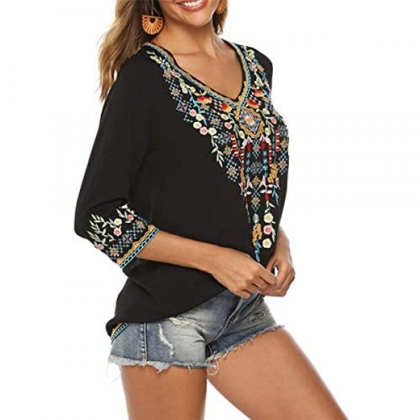 BIOHANBLE Womens Boho Embroidered Peasant Tops 3/4 Sleeve V Neck Mexican Shirts Tunics Blouses