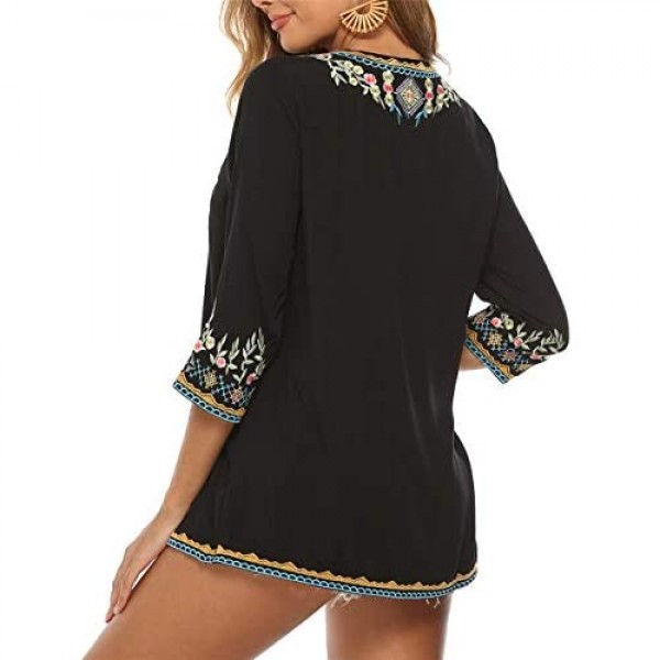 BIOHANBLE Womens Boho Embroidered Peasant Tops 3/4 Sleeve V Neck Mexican Shirts Tunics Blouses