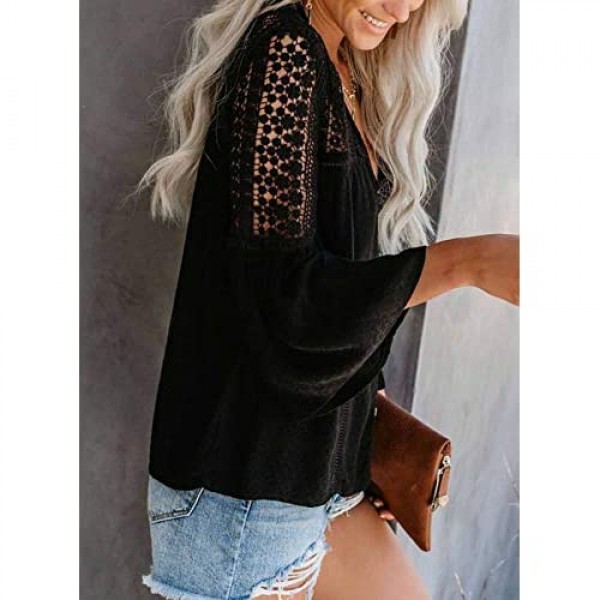 Biucly Womens Casual Solid V Neck Lace Crochet Button Down Bell Sleeve Shirts Tops Loose Blouses