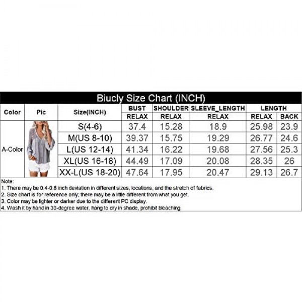 Biucly Womens Casual Solid V Neck Lace Crochet Button Down Bell Sleeve Shirts Tops Loose Blouses