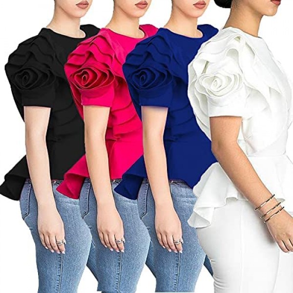 Blansdi Women Round Neck Ruffle Short Sleeve Peplum Bodycon Blouse Shirts Tops