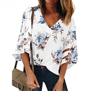 BLENCOT Womens 3/4 Bell Sleeve V Neck Lace Patchwork Floral Blouse Casual Loose Shirt Tops S-2XL
