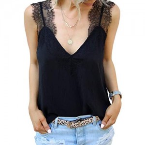 BLENCOT Women's Fashion V Neck Lace Strappy Cami Tank Tops Soft Basic Flowy Sleeveless Blouse Shirts S-2XL