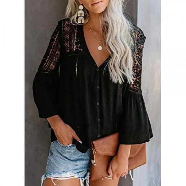 CANIKAT Women's V Neck Lace Crochet Flowy Bell Sleeve Button Down Casual T Shirts Blouses Tops