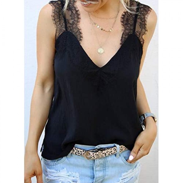 CANIKAT Women's V Neck Lace Strappy Cami Tank Tops Casual Loose Sleeveless Blouse Shirts