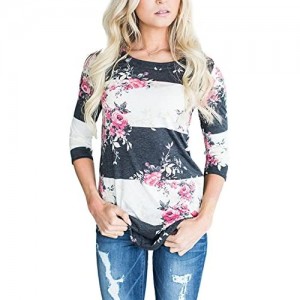 CEASIKERY Women's Blouse 3/4 Sleeve Floral Print T-Shirt Comfy Casual Tops for Women 003