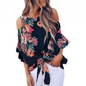 Chuanqi Womens Cold Shoulder Blouse Bell Sleeve Tie Knot Casual Summer Shirt Tops