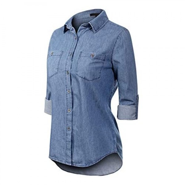 Design by Olivia Women's Basic Classic Roll up Sleeve Button Down Chambray Denim Shirt