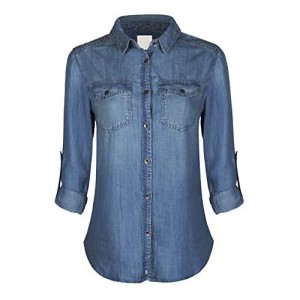 Design by Olivia Women's Classic Long/Roll Up Sleeve Button Down Denim Chambray Shirt