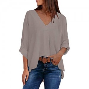 Dokotoo Womens 3 4 Bell Sleeve/Short Sleeve V Neck Chiffon Tops Casual Solid Tops and Blouses Loose Shirts S-XXL