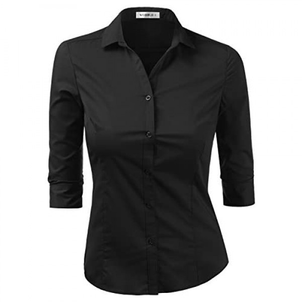 Doublju Womens Basic Slim Fit Stretchy 3/4 Sleeve Button Down Collared Shirt with Plus Size