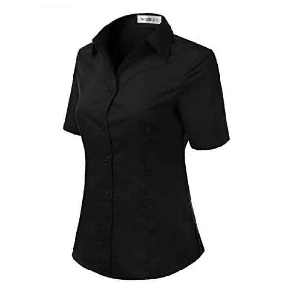 Doublju Women's Slim Fit Plain Classic Short Sleeve Button Down Collar Shirt Blouse