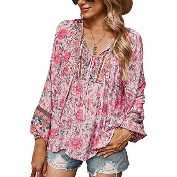 ECOWISH Women Blouse V-Neck Front Tie Knot Floral Printed Long Sleeve Loose Casual Top Shirts