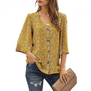 Ecrocoo Women's Casual 3/4 Tiered Bell Sleeve V Neck Print Button Down Loose Tops Blouses Shirt