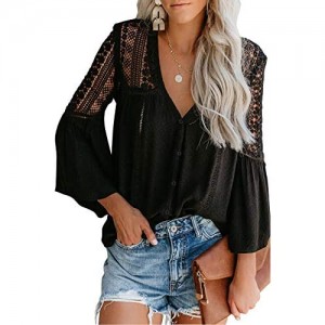 Elapsy Womens V Neck Lace Crochet Shirts Bell Sleeve Button Down Casual Tunic Blouses Tops