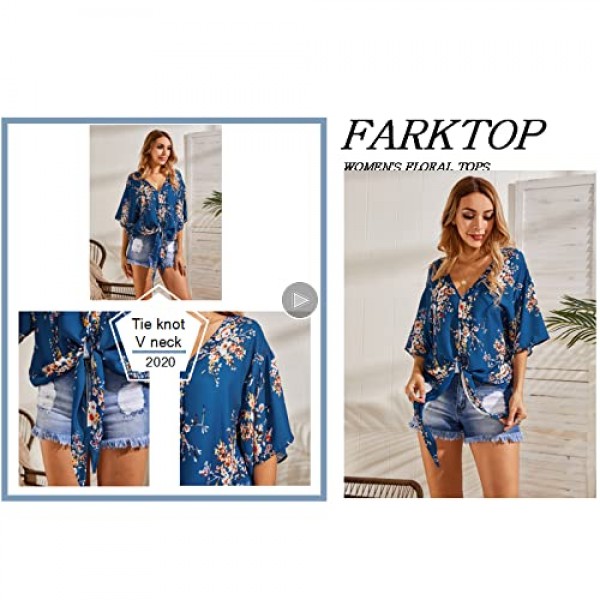 Farktop Womens Floral V Neck Tie Knot Front Blouses Bat Wing Short Sleeve Chiffon Tops Shirts