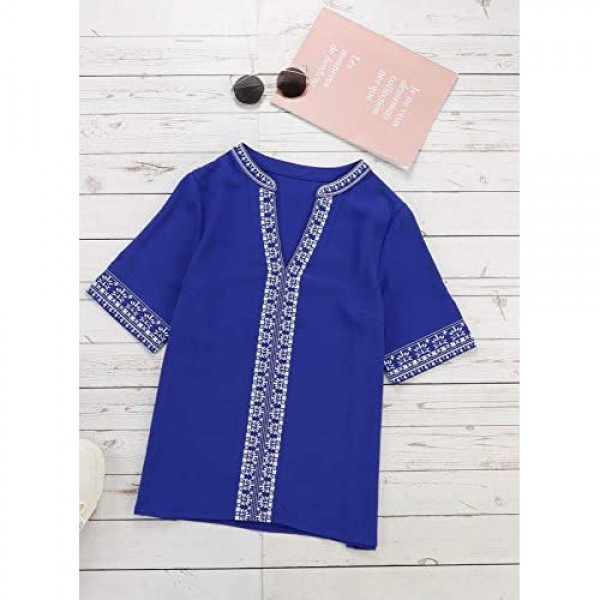 FARYSAYS Women's Casual Boho Embroidered V Neck Short Sleeve Shirts Loose Blouse Tops